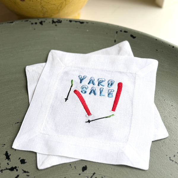 Yard Sale Ski Cloth Cocktail Napkins, Set of 4, Funny Ski Gift - White Tulip Embroidery