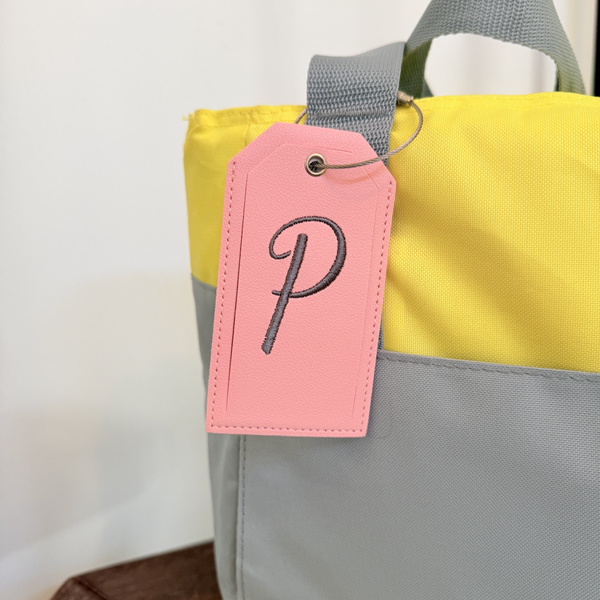Monogrammed Luggage Tag, Embroidered Vegan Leather with Steel Loop Wire Tags - White Tulip Embroidery