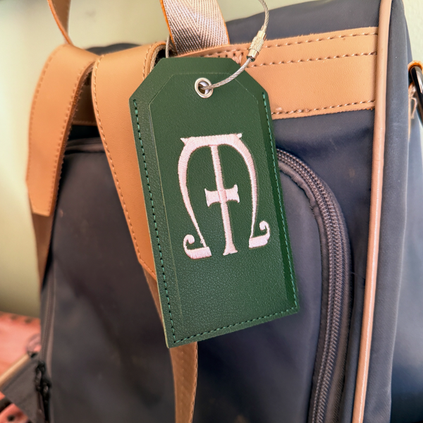 Monogrammed Luggage Tag, Embroidered Vegan Leather with Steel Loop Wire Tags - White Tulip Embroidery