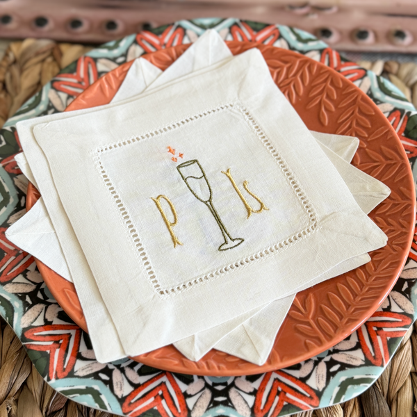 Monogrammed Champagne Cocktail Napkins, Set of 4, Cheers Linen Napkins - White Tulip Embroidery
