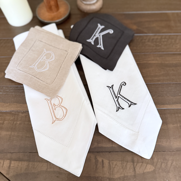 Baroque Monogrammed Cocktail Napkins, Set of 4 - White Tulip Embroidery