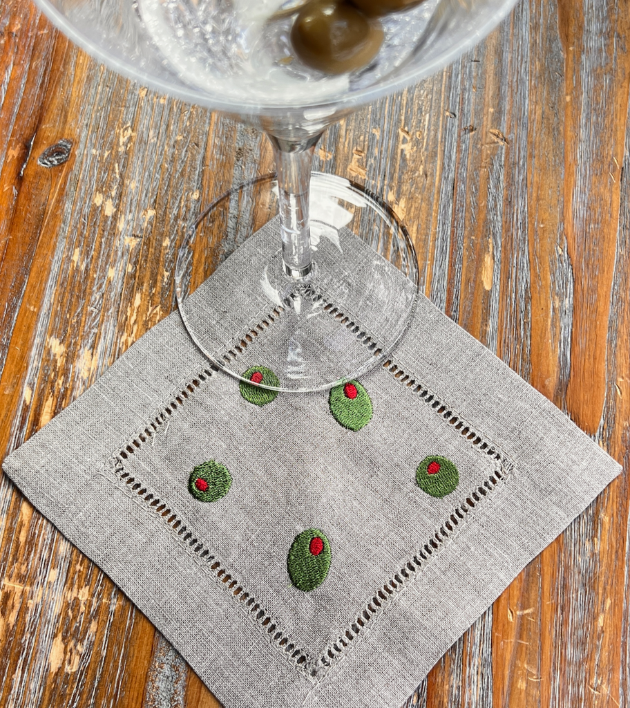 Olive Cloth Cocktail Napkins, Set of 4 Martini Cocktail Napkins - White Tulip Embroidery