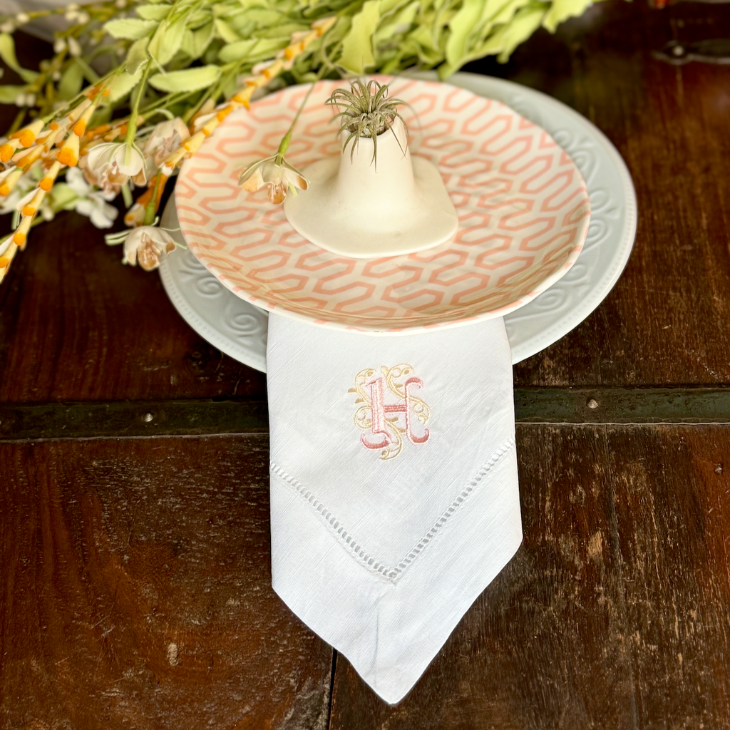 Ornate Monogrammed Embroidered Cloth Napkins - Set of 4 napkins - White Tulip Embroidery