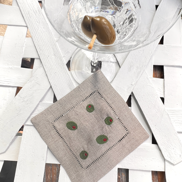 Olive Cloth Cocktail Napkins, Set of 4 Martini Cocktail Napkins - White Tulip Embroidery