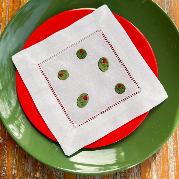 Olive Cloth Cocktail Napkins, Set of 4 Martini Cocktail Napkins - White Tulip Embroidery