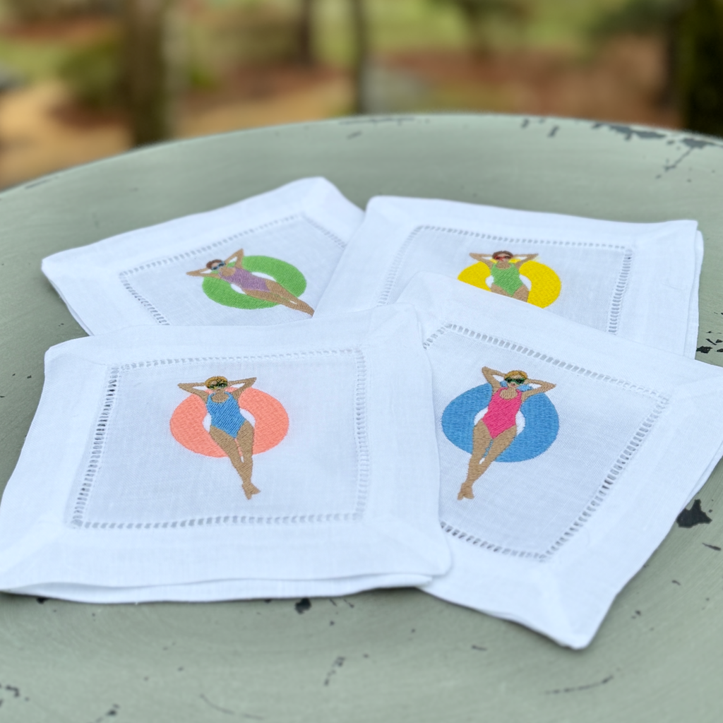 Pool Party Cocktail Linen Napkins, Girl's weekend Cocktail Napkins, Set of 4, Pool gift - White Tulip Embroidery