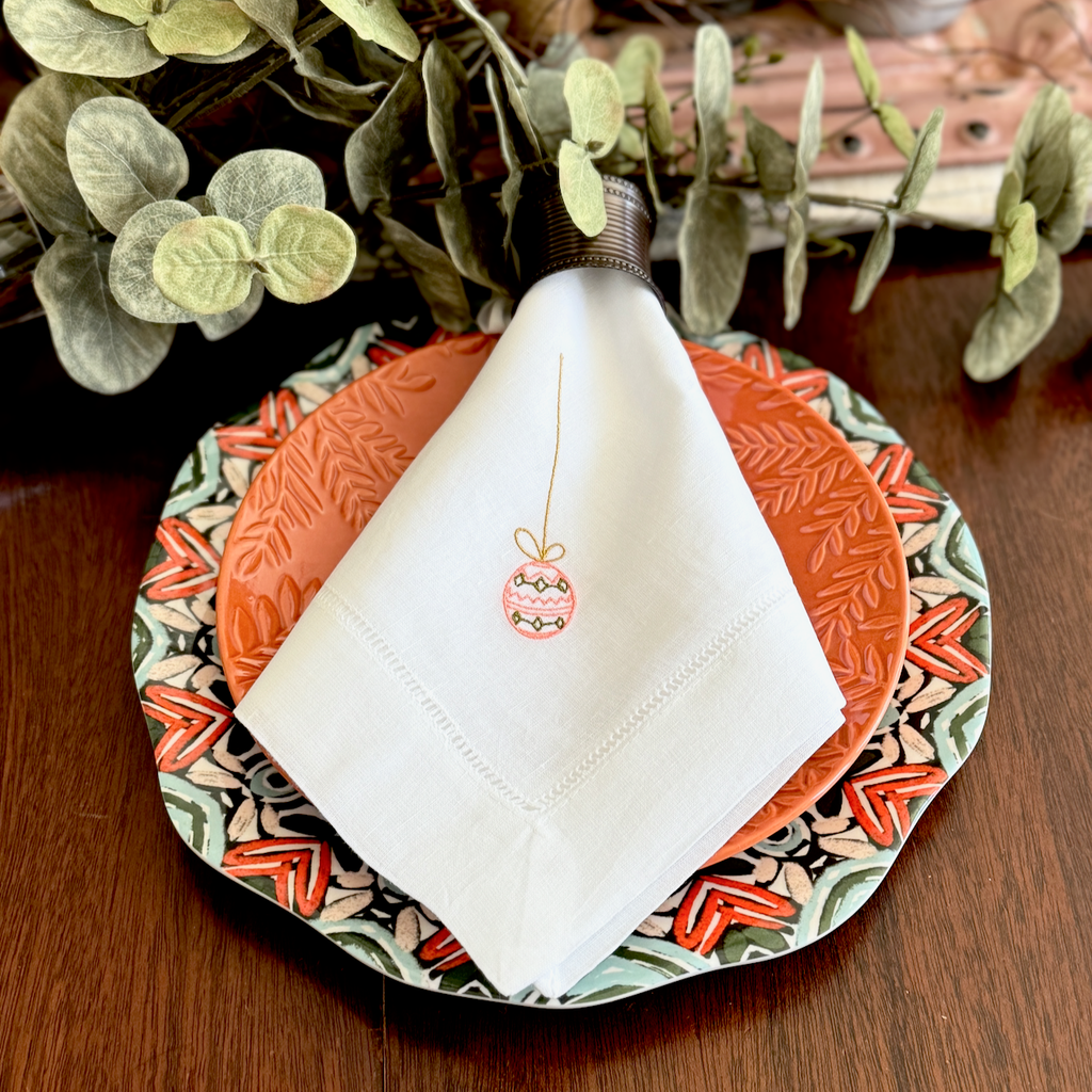 Hanging Easter Egg Embroidered Cloth Napkins - White Tulip Embroidery