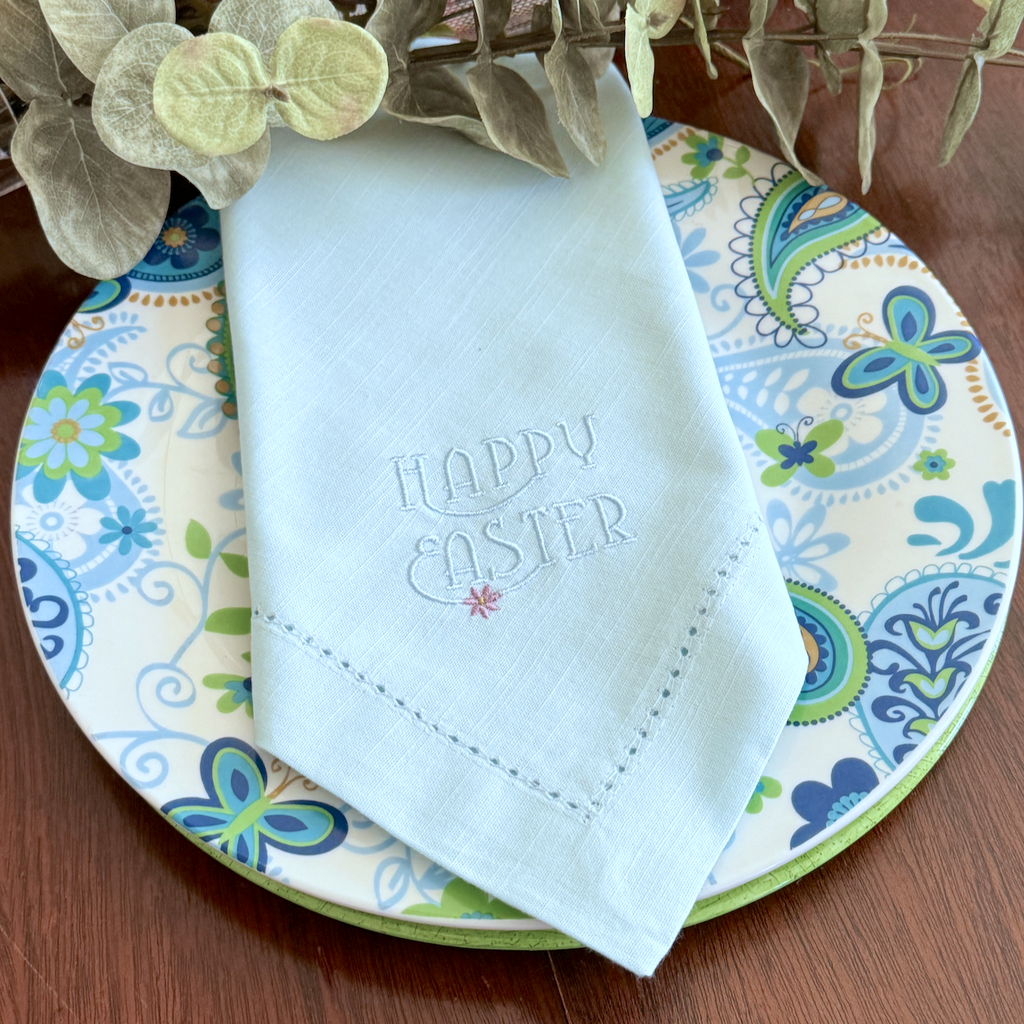 Happy Easter Embroidered Cloth Napkins - Set of 4 - White Tulip Embroidery