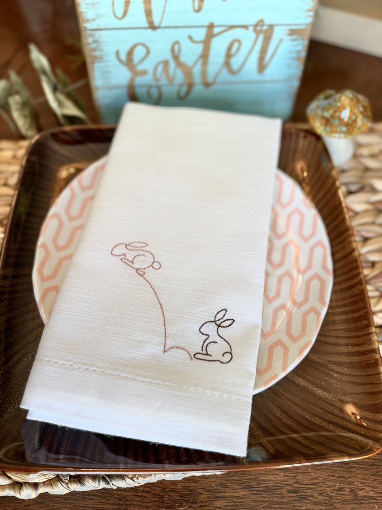 Jumping Easter Bunnies Cloth Napkins - Set of 4 napkins - White Tulip Embroidery