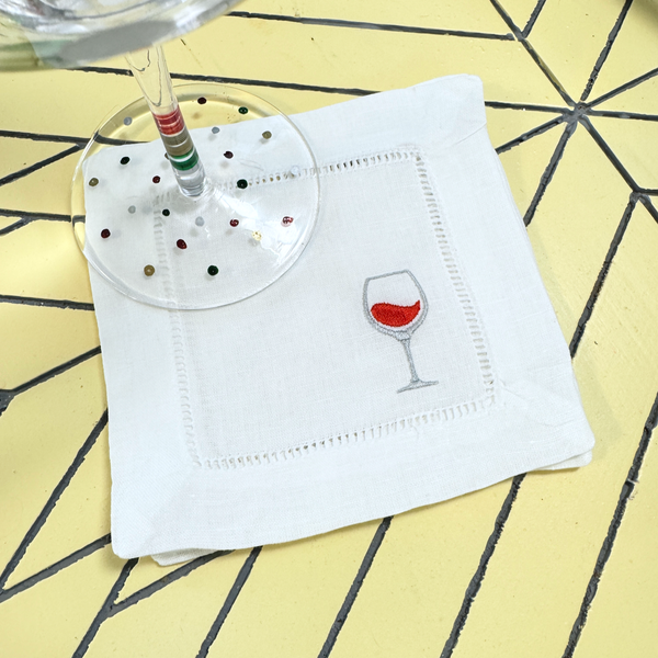 Wine Glass Linen Cocktail Napkins, Set of 4 - White Tulip Embroidery