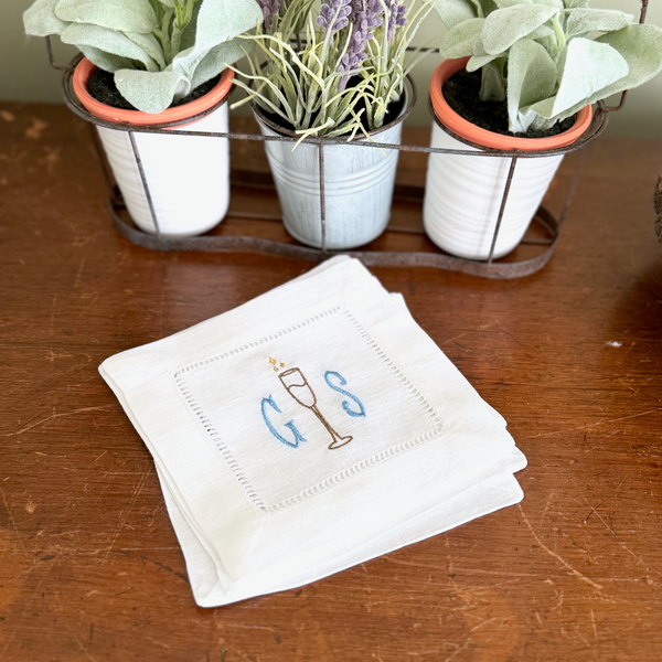 Monogrammed Champagne Cocktail Napkins, Set of 4, Cheers Linen Napkins - White Tulip Embroidery