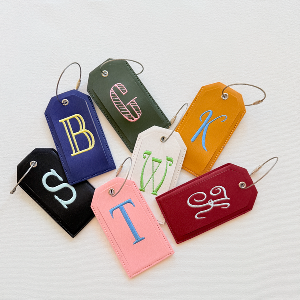 Monogrammed Luggage Tag, Embroidered Vegan Leather with Steel Loop Wire Tags - White Tulip Embroidery