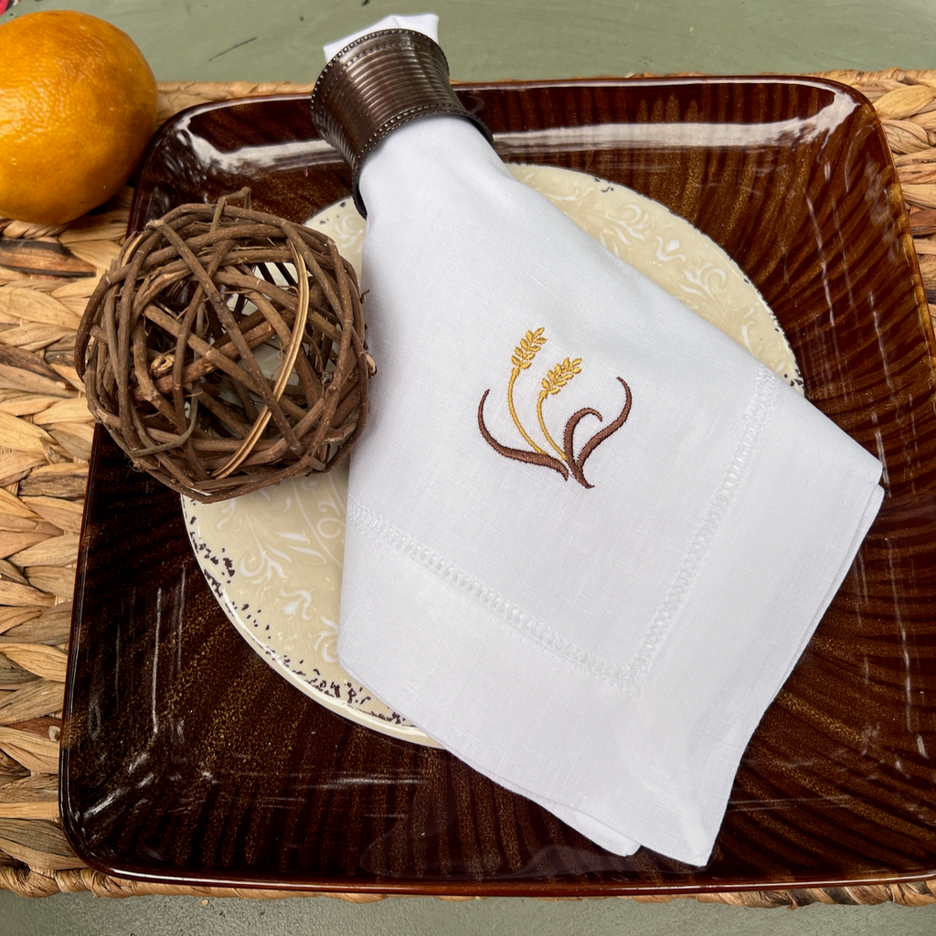 Thanksgiving Wheat Cloth Dinner Napkins - Set of 4 napkins - White Tulip Embroidery