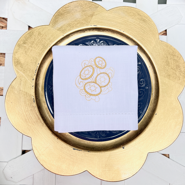 Hanukkah Gelt Cloth Napkins - Set of 4 napkins, Blue Napkins - White Tulip Embroidery