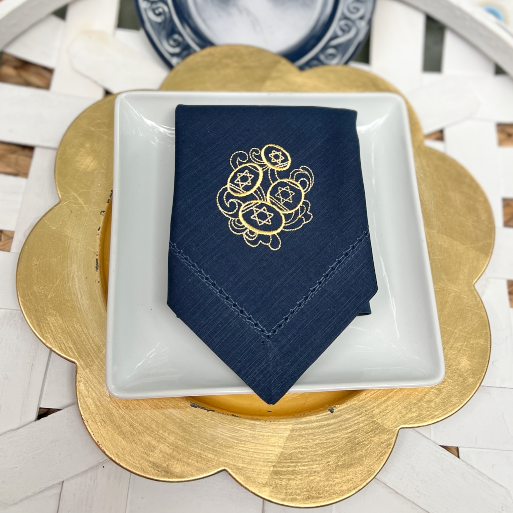 Hanukkah Gelt Cloth Napkins - Set of 4 napkins, Blue Napkins - White Tulip Embroidery