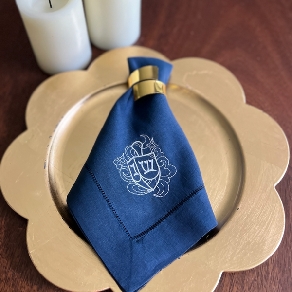 Hanukkah Dreidel Cloth Napkins - Set of 4 napkins, Blue Napkins - White Tulip Embroidery