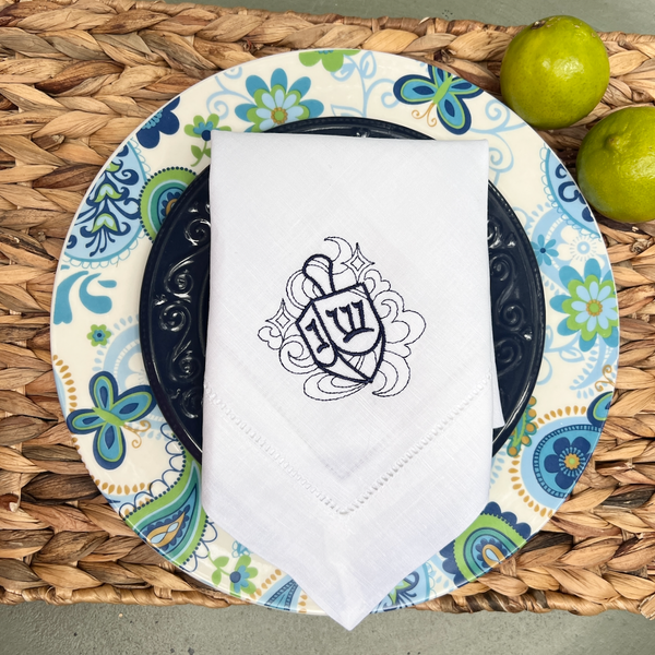 Hanukkah Dreidel Cloth Napkins - Set of 4 napkins, Blue Napkins - White Tulip Embroidery