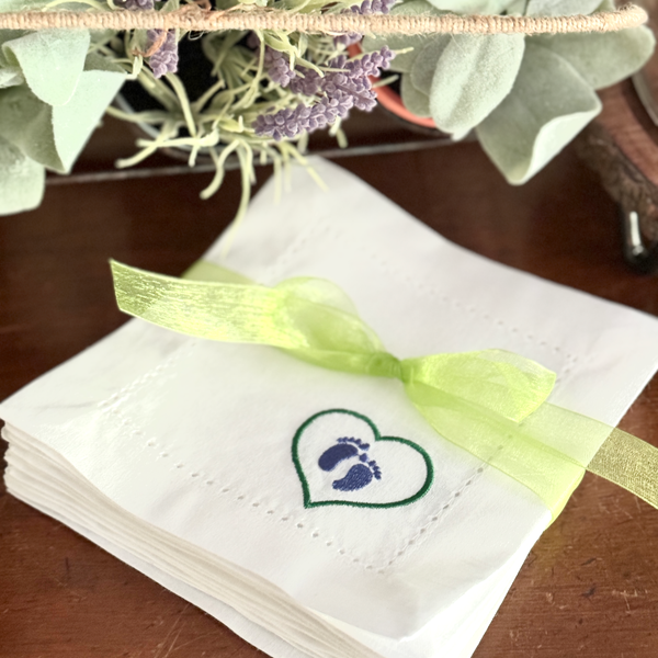 Baby Shower Cloth Cocktail Napkins, Set of 4, Baby Feet Reveal Linen Cocktail Cloth Napkins - White Tulip Embroidery