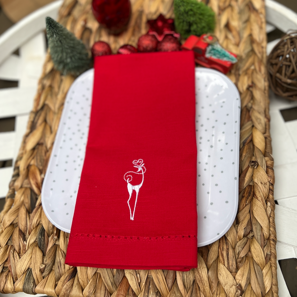 Elegant Reindeer Christmas Cloth Napkins - Set of 4 napkins - White Tulip Embroidery