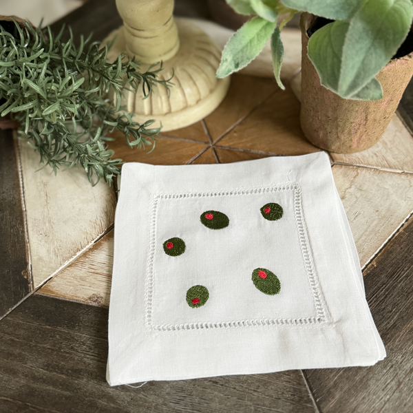 Olive Cloth Cocktail Napkins, Set of 4 Martini Cocktail Napkins - White Tulip Embroidery
