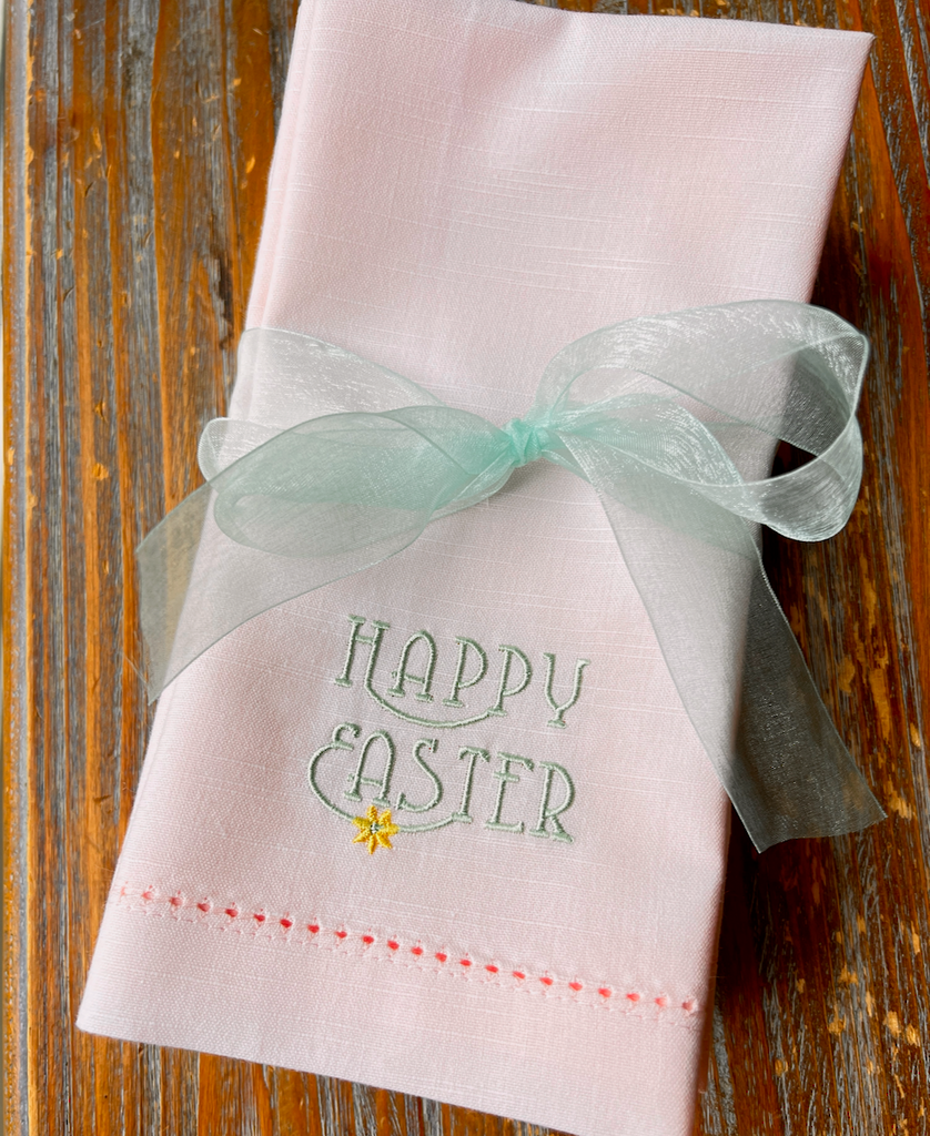 Happy Easter Embroidered Cloth Napkins - Set of 4 - White Tulip Embroidery