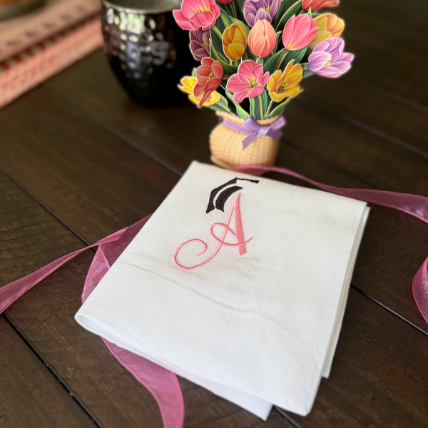 Graduation Monogrammed Cloth Napkins - Set of 4 graduation napkins - White Tulip Embroidery