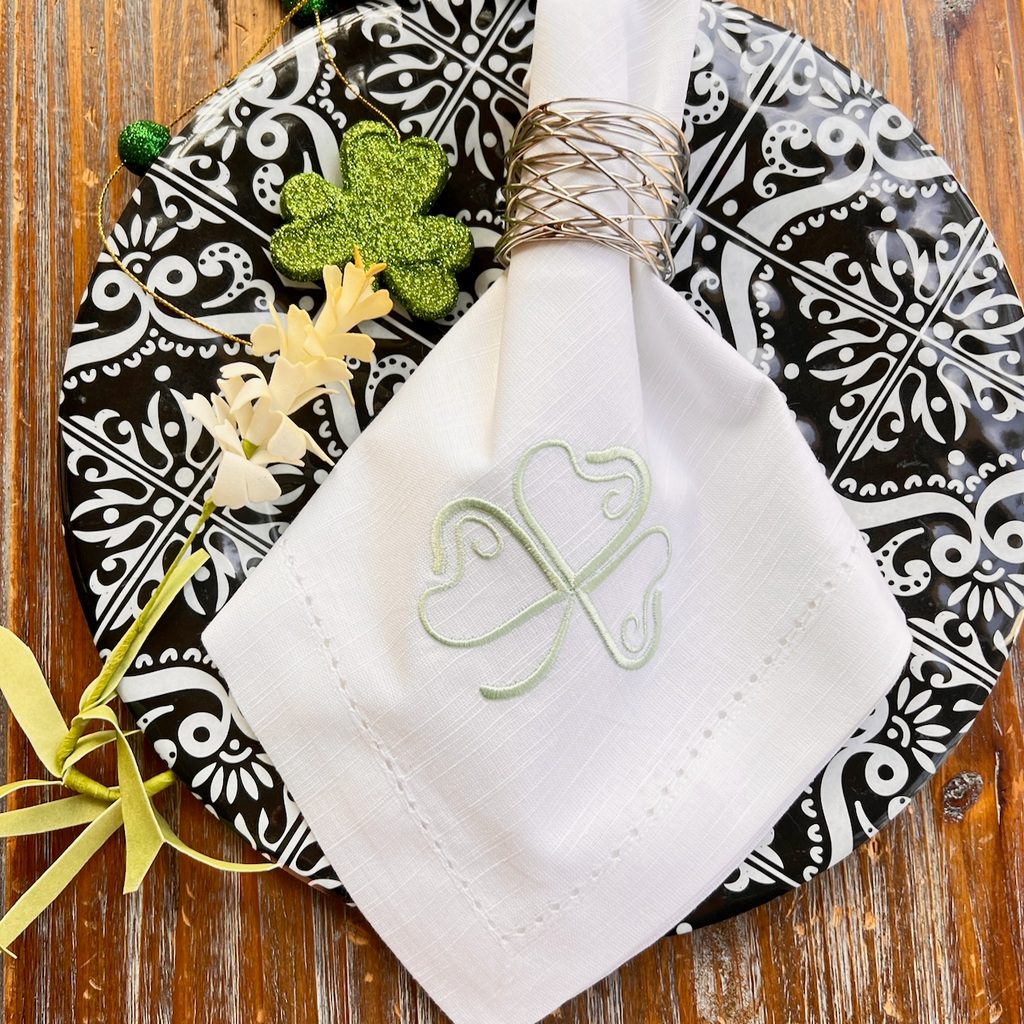 St. Patrick's Day Clover Cloth Napkins - Set of 4 napkins - White Tulip Embroidery