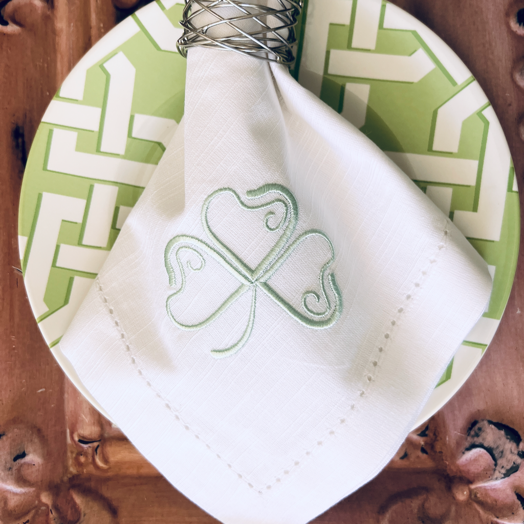 St. Patrick's Day Clover Cloth Napkins - Set of 4 napkins - White Tulip Embroidery