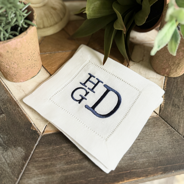 Set of 4 White Monogrammed Linen Cocktail Napkins - White Tulip Embroidery