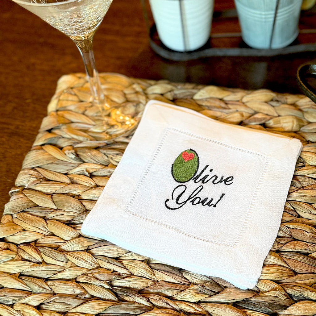 Olive You Cocktail Napkins, Set of 4 Martini Cocktail Napkins - White Tulip Embroidery