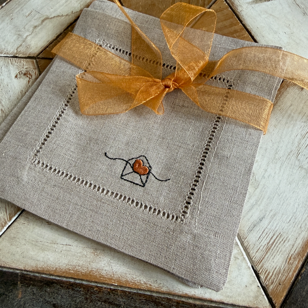 Heart Envelope Valentine's Day Cloth Cocktail Napkins, Set of 4, Linen Cocktail Napkins - White Tulip Embroidery