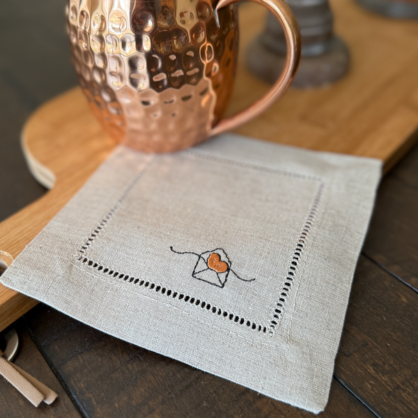 Heart Envelope Valentine's Day Cloth Cocktail Napkins, Set of 4, Linen Cocktail Napkins - White Tulip Embroidery