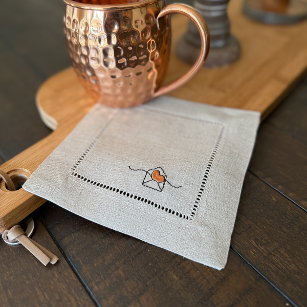 Heart Envelope Valentine's Day Cloth Cocktail Napkins, Set of 4, Linen Cocktail Napkins - White Tulip Embroidery