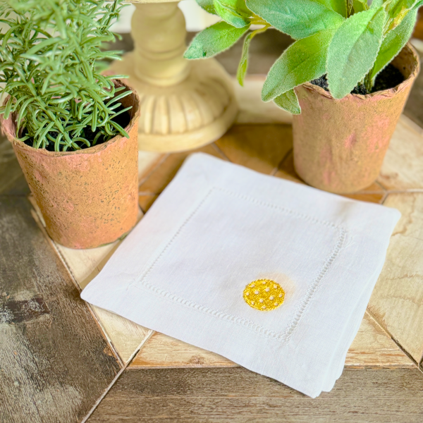 Pickleball Cloth Linen Cocktail Napkins, Set of 4 - White Tulip Embroidery