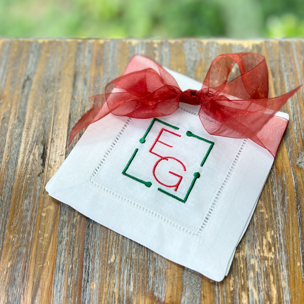 Classic Border Monogrammed Cocktail Napkins, Set of 4 - White Tulip Embroidery
