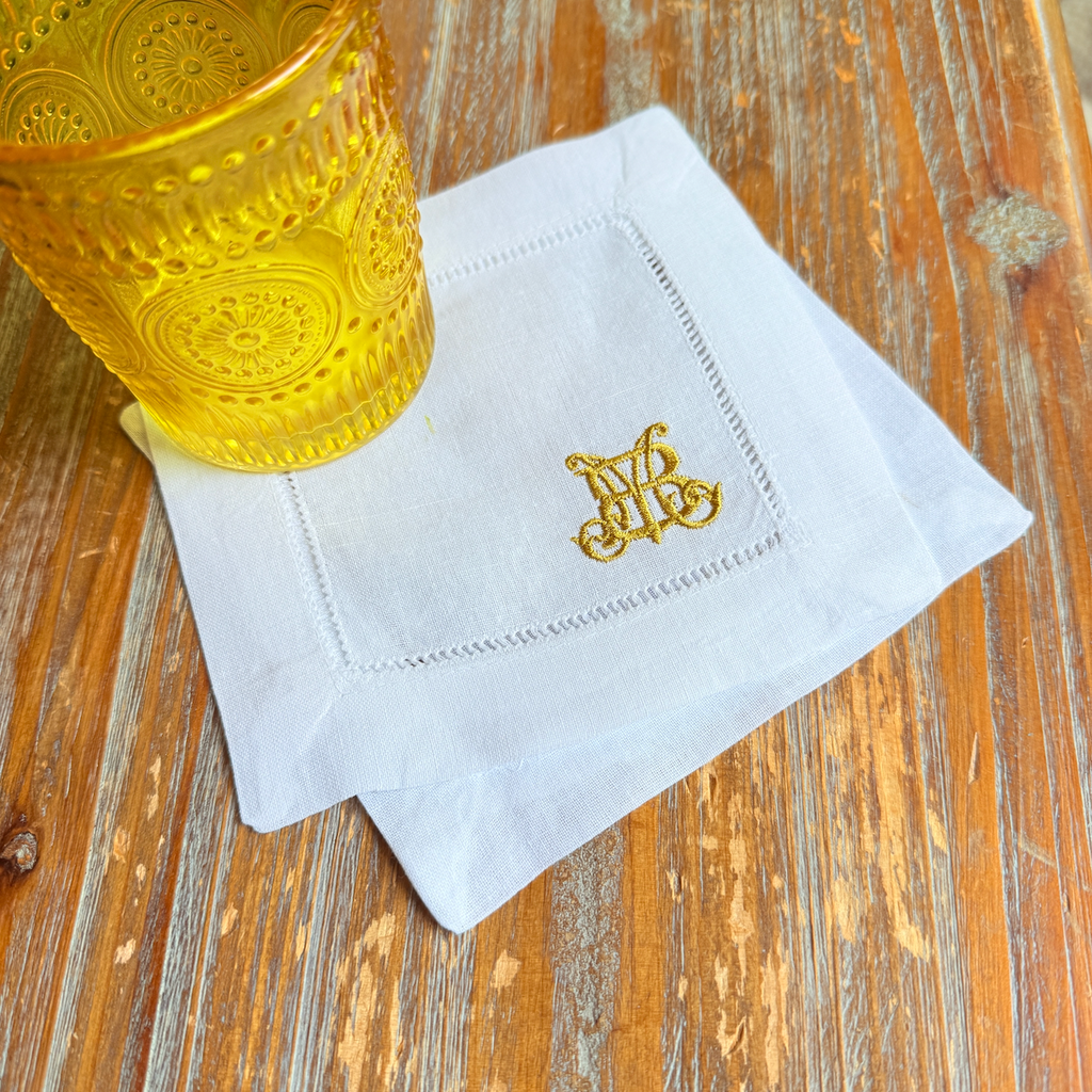 Custom Set of 300 napkins, MB Monogram placed in right corner, White Hemstitch Linen Cocktail Napkins - White Tulip Embroidery