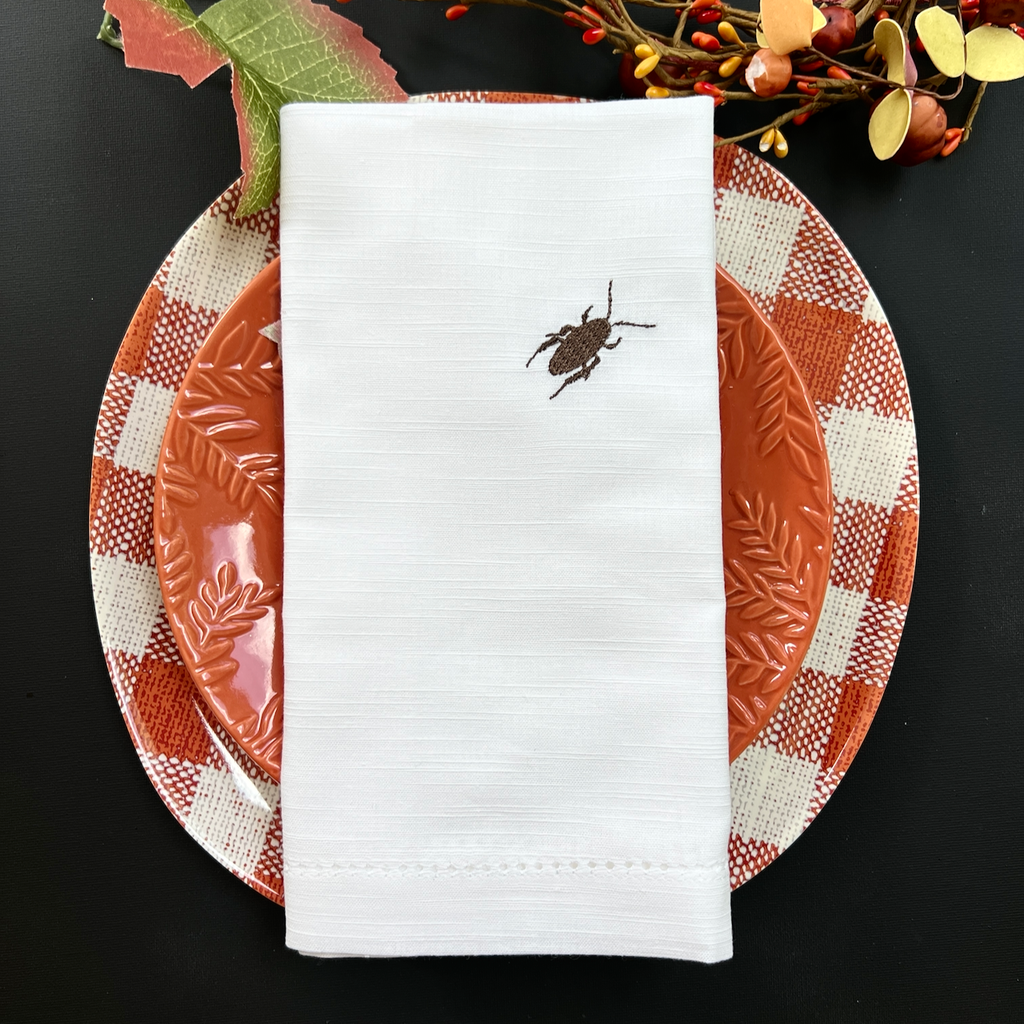 Roach Embroidered Napkins, Set of 4, Eeek! Creepy Halloween Cloth Napkins - White Tulip Embroidery