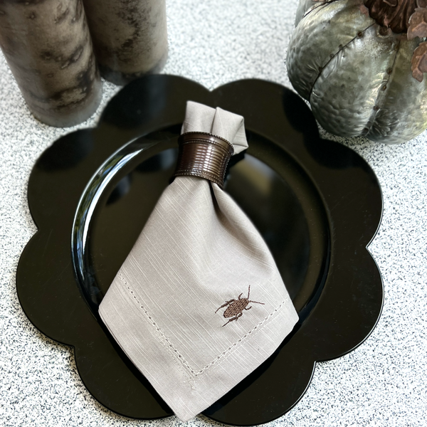 Roach Embroidered Napkins, Set of 4, Eeek! Creepy Halloween Cloth Napkins - White Tulip Embroidery