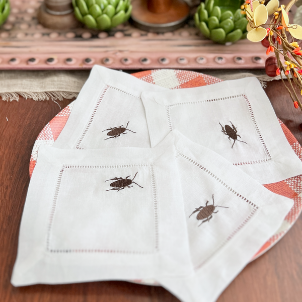 Roach Linen Cocktail Napkins, Set of 4 Cockroach Napkins - White Tulip Embroidery