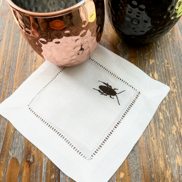 Roach Linen Cocktail Napkins, Set of 4 Cockroach Napkins - White Tulip Embroidery