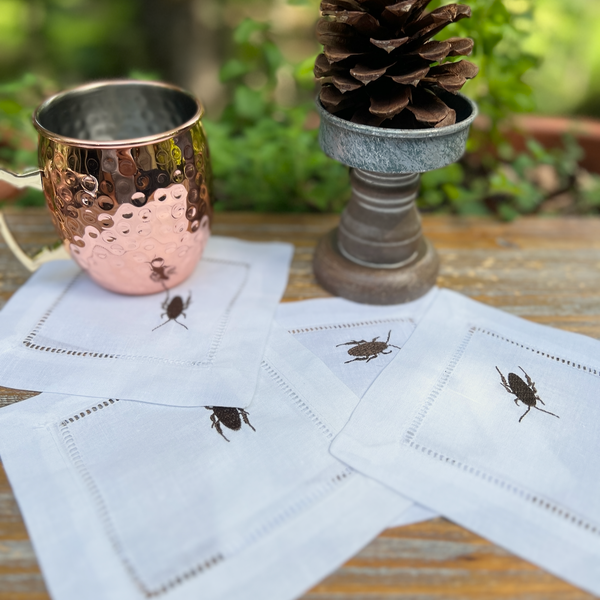Roach Linen Cocktail Napkins, Set of 4 Cockroach Napkins - White Tulip Embroidery