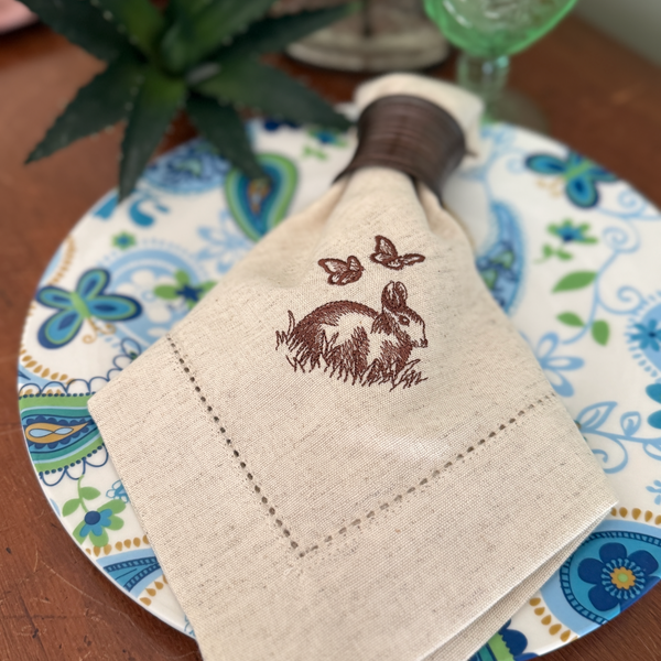 Easter Bunny Butterfly Cloth Napkins - Set of 4 napkins - White Tulip Embroidery
