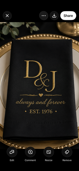 Custom Set of 2 Black Linen Cotton Blend Napkins, Fold 10, Gold Thread - White Tulip Embroidery