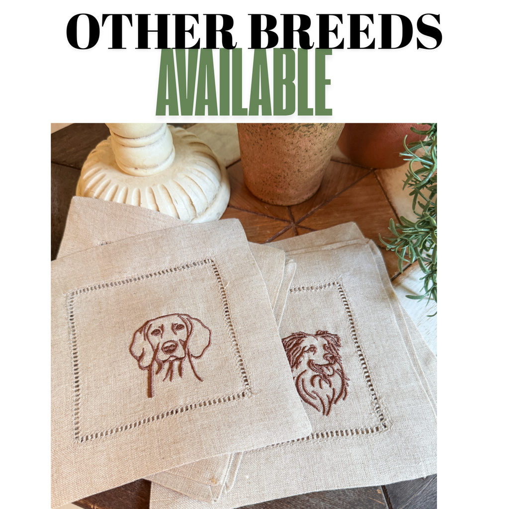 Australian Shepard Cloth Linen Cocktail Napkins, Set of 4 Dog Cocktail Napkins - White Tulip Embroidery