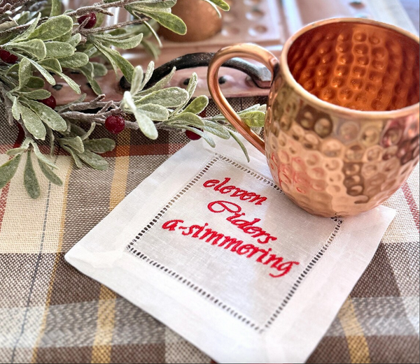 Set of Funny 12 Days of Christmas Cloth Cocktail Napkins, Drink Cocktail Napkins - White Tulip Embroidery