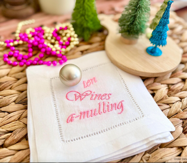 Set of Funny 12 Days of Christmas Cloth Cocktail Napkins, Drink Cocktail Napkins - White Tulip Embroidery