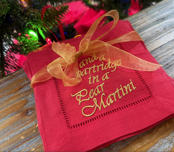 Set of Funny 12 Days of Christmas Cloth Cocktail Napkins, Drink Cocktail Napkins - White Tulip Embroidery