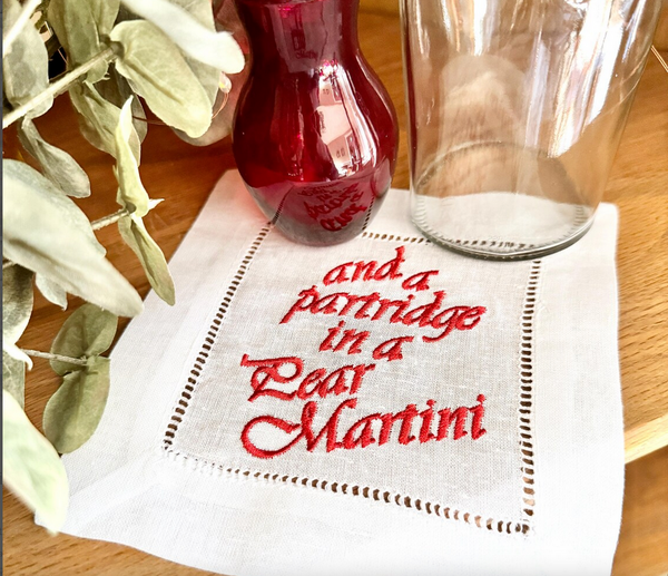 Set of Funny 12 Days of Christmas Cloth Cocktail Napkins, Drink Cocktail Napkins - White Tulip Embroidery