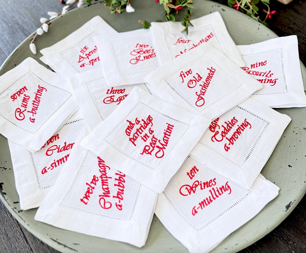 Set of Funny 12 Days of Christmas Cloth Cocktail Napkins, Drink Cocktail Napkins - White Tulip Embroidery