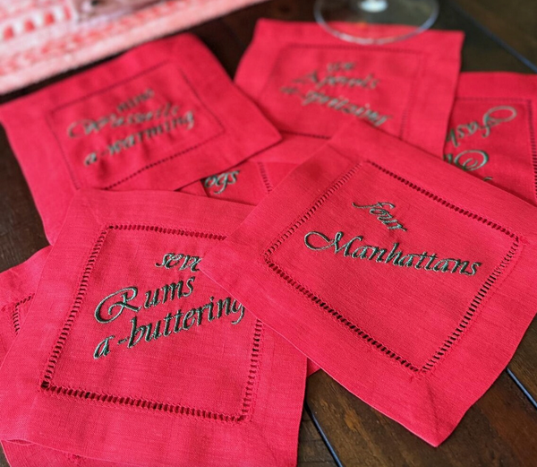 Set of Funny 12 Days of Christmas Cloth Cocktail Napkins, Drink Cocktail Napkins - White Tulip Embroidery